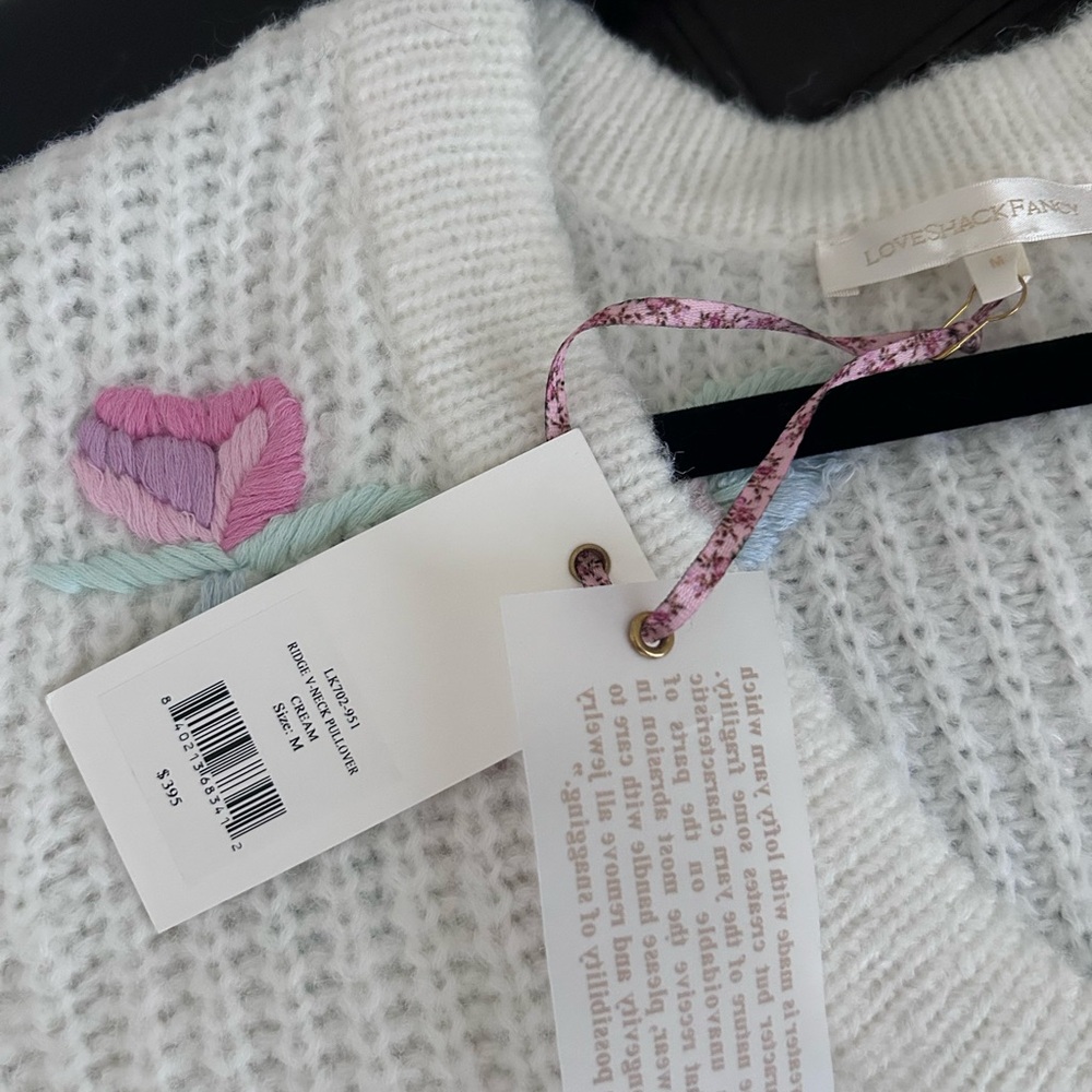 NWT LoveShackFancy Ridge V Neck Floral Embroidery Sweater Pullover M - Picture 10 of 17